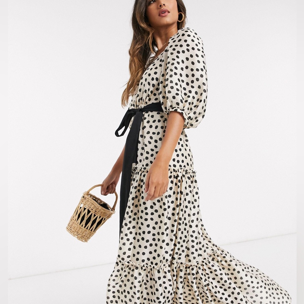 Mango tiered volume sleeve maxi dress in polka dot